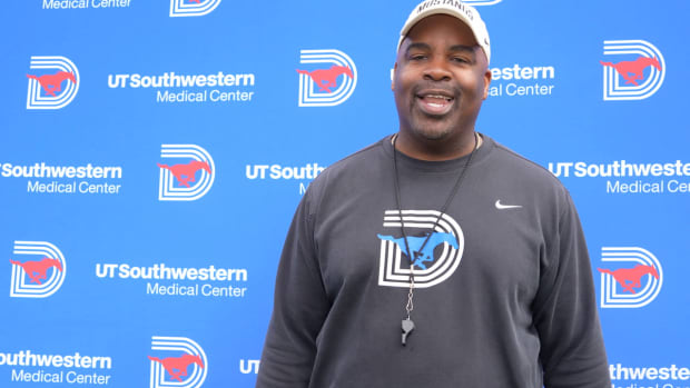 SMU DL Coach Calvin Thibodeaux after Wednesday's Practice